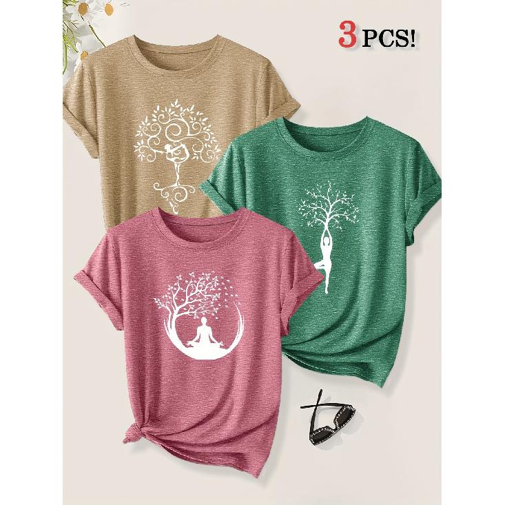2026 3 Pack Harmony Between Man And Nature Yoga Print Women Short Sleeve T Shirts Casual Sports Holiday Tops Summer Autumn Tees