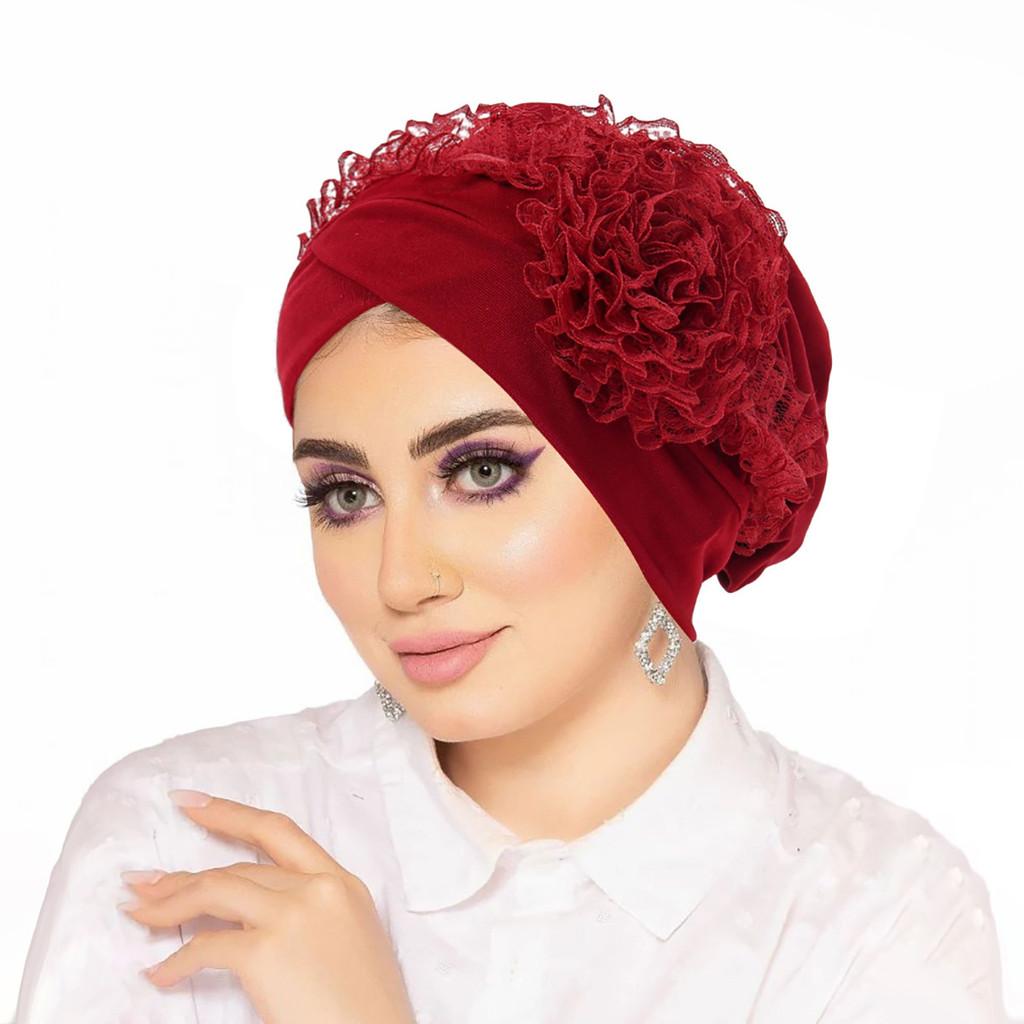 Pure Color Headscarf Hat With Floral Lace Design For Women Summer Winter Spring Fall