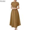 Women Casual Stand Collar Solid Color Summer Short Sleeve Dress