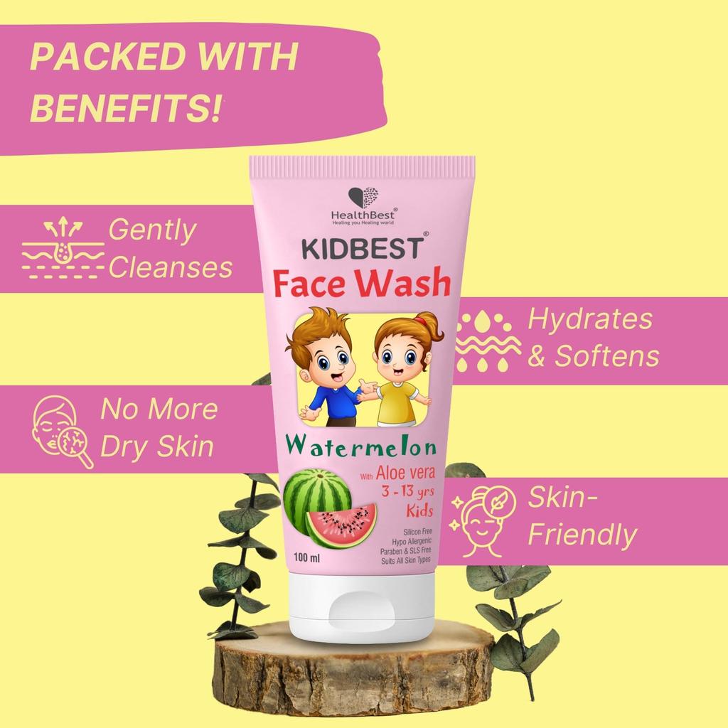 HealthBest Gesichtsreiniger für Kinder 3-13 Jahre | Normale Haut, Empfindliche Haut & Trockene Haut | Tränenfrei, Parabenfrei, SLS-frei | Wassermelonengeschmack | 100ml (2er-Pack)