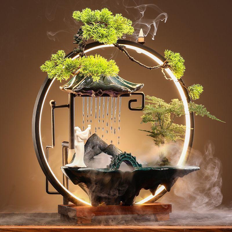 Creative LED Lamp Circle Reverse Flow Incense Burner Attract Wealth Cycle Flowing Rain Curtain Ornament Home Decoration
