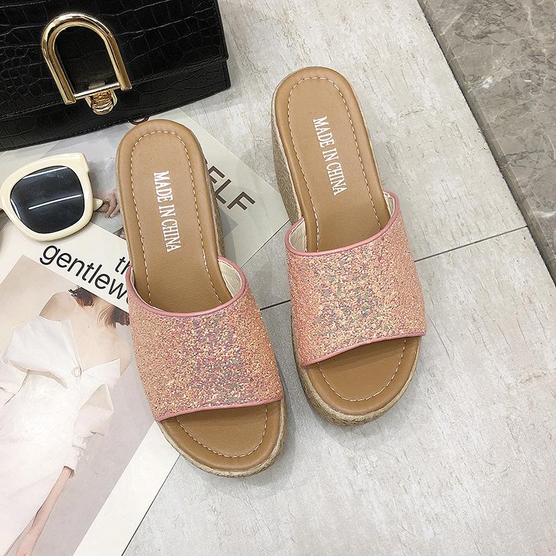 

Толстоподошвенные туфли на высоком каблуке с открытым носком и пайетками, прямая поставка с фабрики, летние новые сандалии-клинья на одной перемычке для женщин 2025 40 розовый