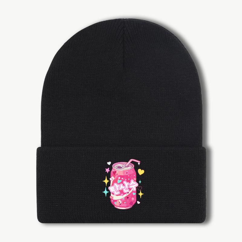 Shimmering Pink Drink Print Knit Beanie Warm Comfortable and Highly Stretchy Beanie Sweet Cute Shimmering Fashionable and