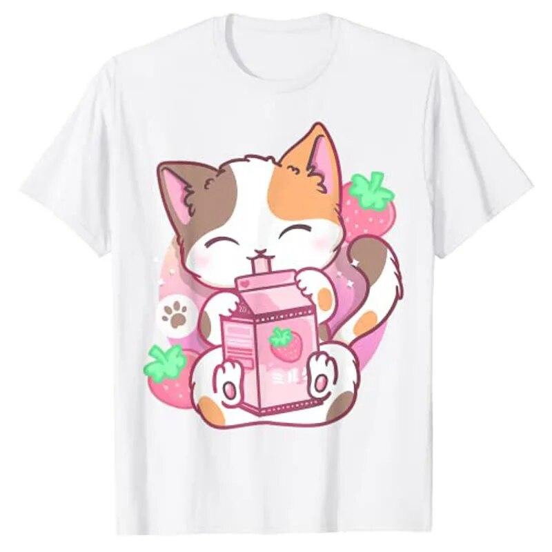 Kawaii Neko Anime TShirt Cute Strawberry Shake Strawberry Milk Cat Graphic TShirt Women Clothing Ladies Commuter Tops Y2k Shirt