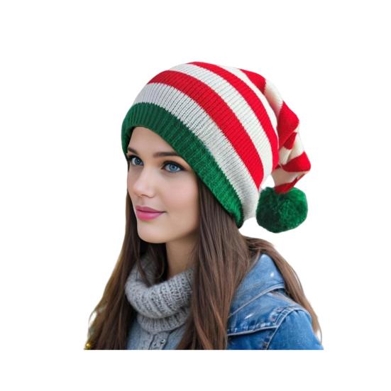 Santa Hat Red White Green Striped Print Knitted Christmas Hat with Plush Ball Decor Holiday Accessory