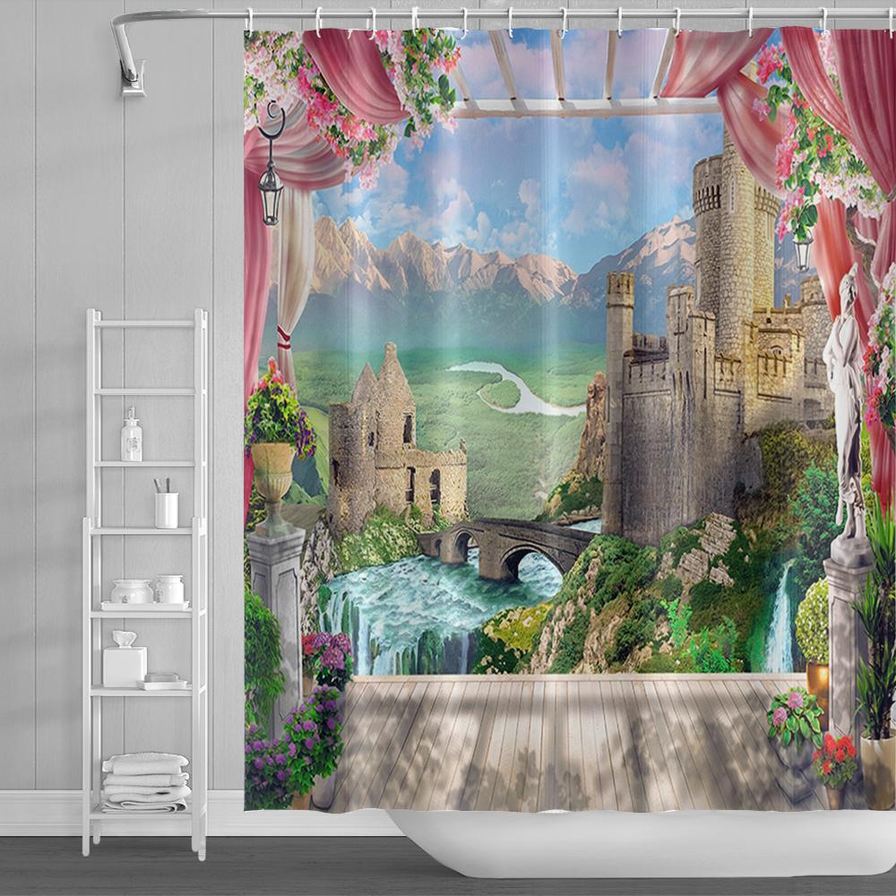 Natural Scenery Shower Curtains Seaside Mountain Landscape Bathroom Waterproof Polyester Bath Curtain Home Decoration With Hooks