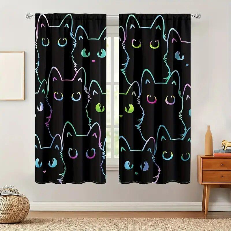 2Pcs - Cartoon Neon Cat Animal Pattern Printed Curtains, Window Decorations, Home Decorations, Room Decorations
