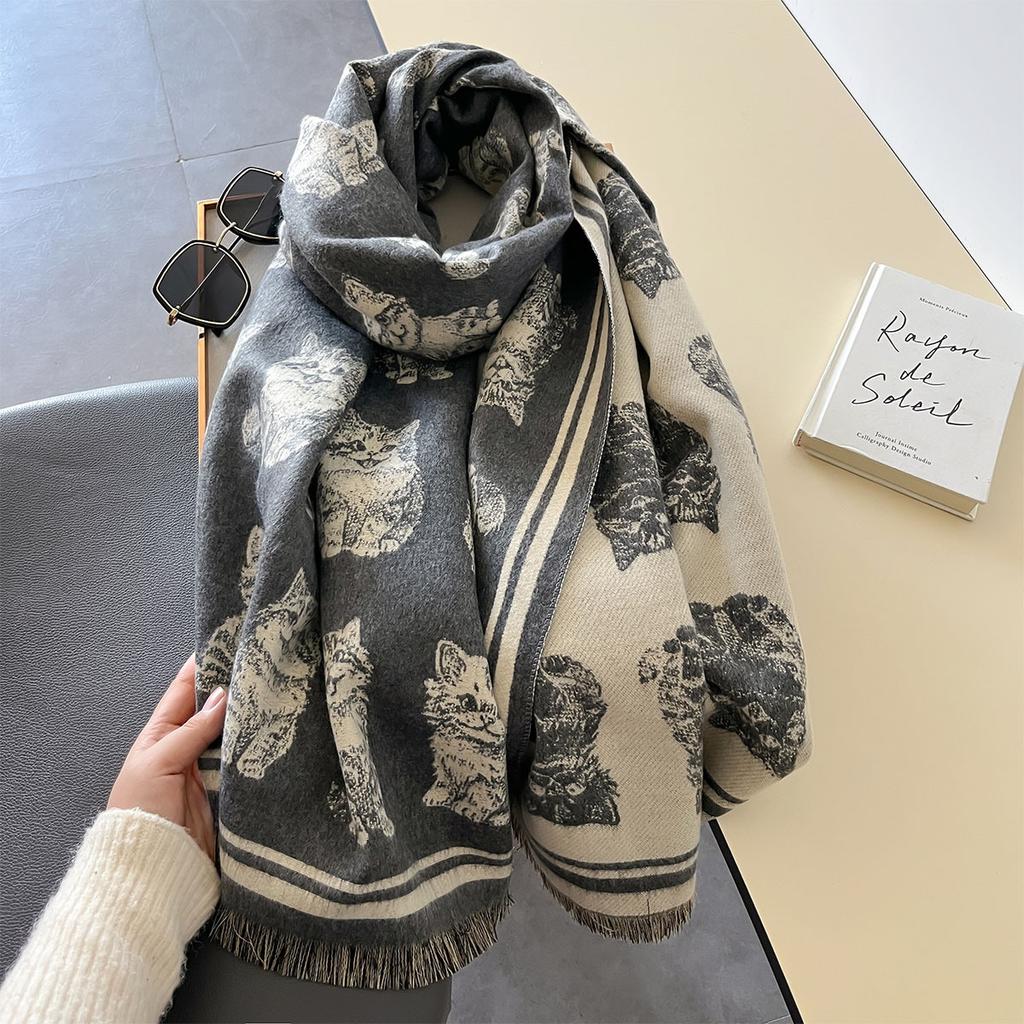 Autumn Winter Scarf Women Pashmina Shawls Cat Cashmere Blanket Warm Thick Chunky Stoles Lady Elegant Poncho Outdoor Bufanda