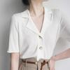 Summer Turn Down Collar Solid Color Knitting T-shirt Female Short Sleeve Casual Pullover Top Women Buttons Tee