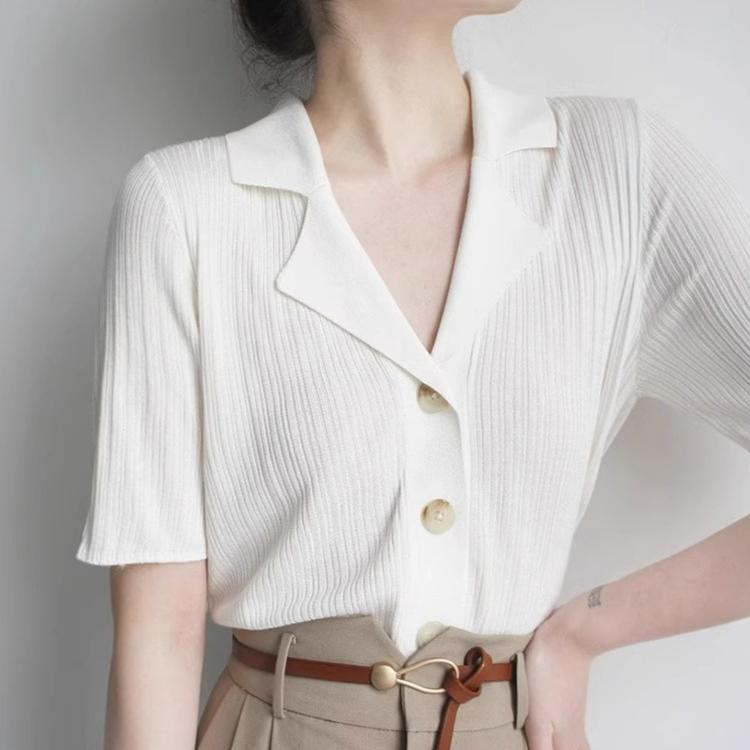 Summer Turn Down Collar Solid Color Knitting T-shirt Female Short Sleeve Casual Pullover Top Women Buttons Tee