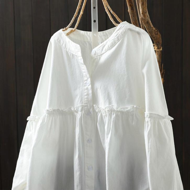 Blue Striped Cotton Shirt Women's Long-sleeved Spring Loose Top with Wooden Ears Bottoming Shirt