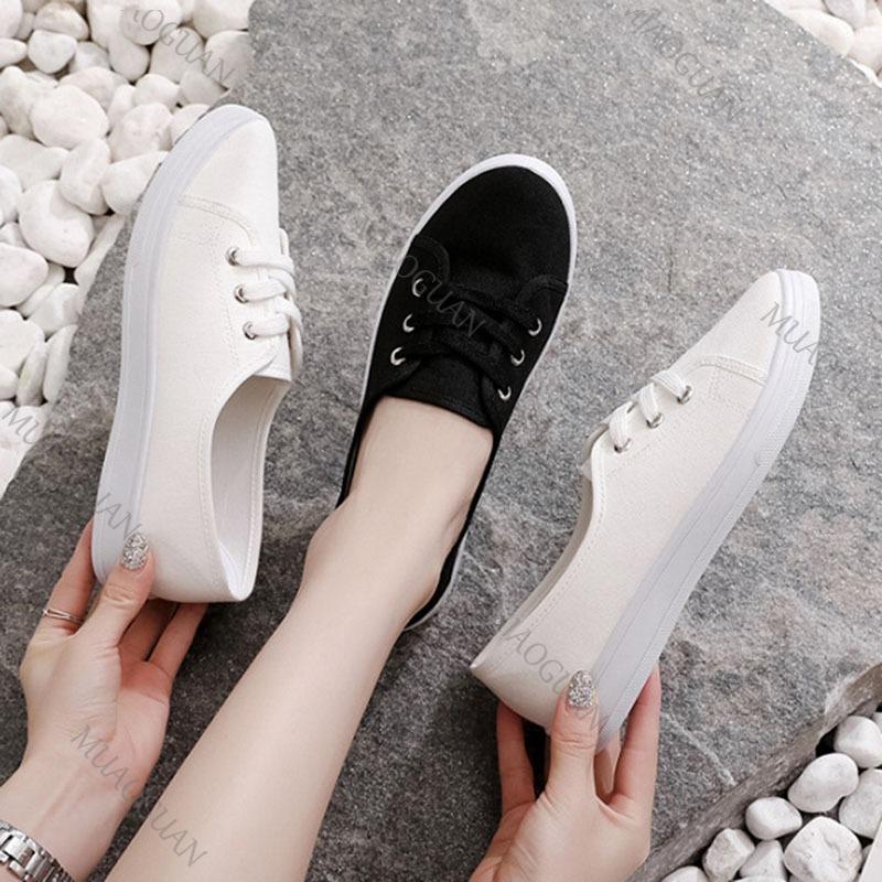Fashion 2025 New Comfortable Street Lace Up Shoes Fashionable Versatile Women Flats Lady Classic Round Toe White Canvas Shoes for Women
