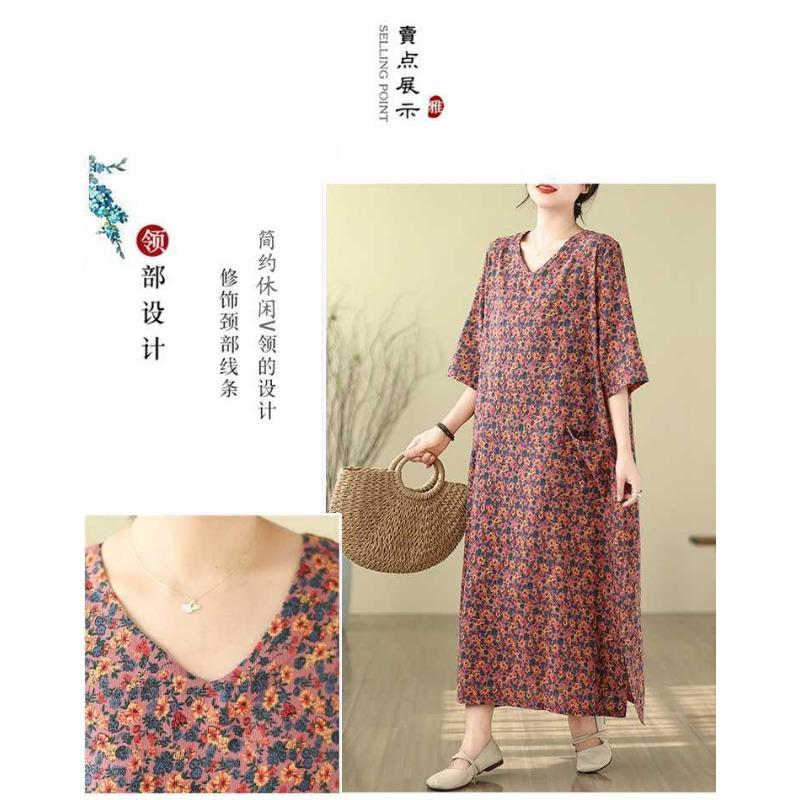 Literary Retro Vacation Style Travel Dress Plus Covering Flesh Skinny V-Neck Long Dresses