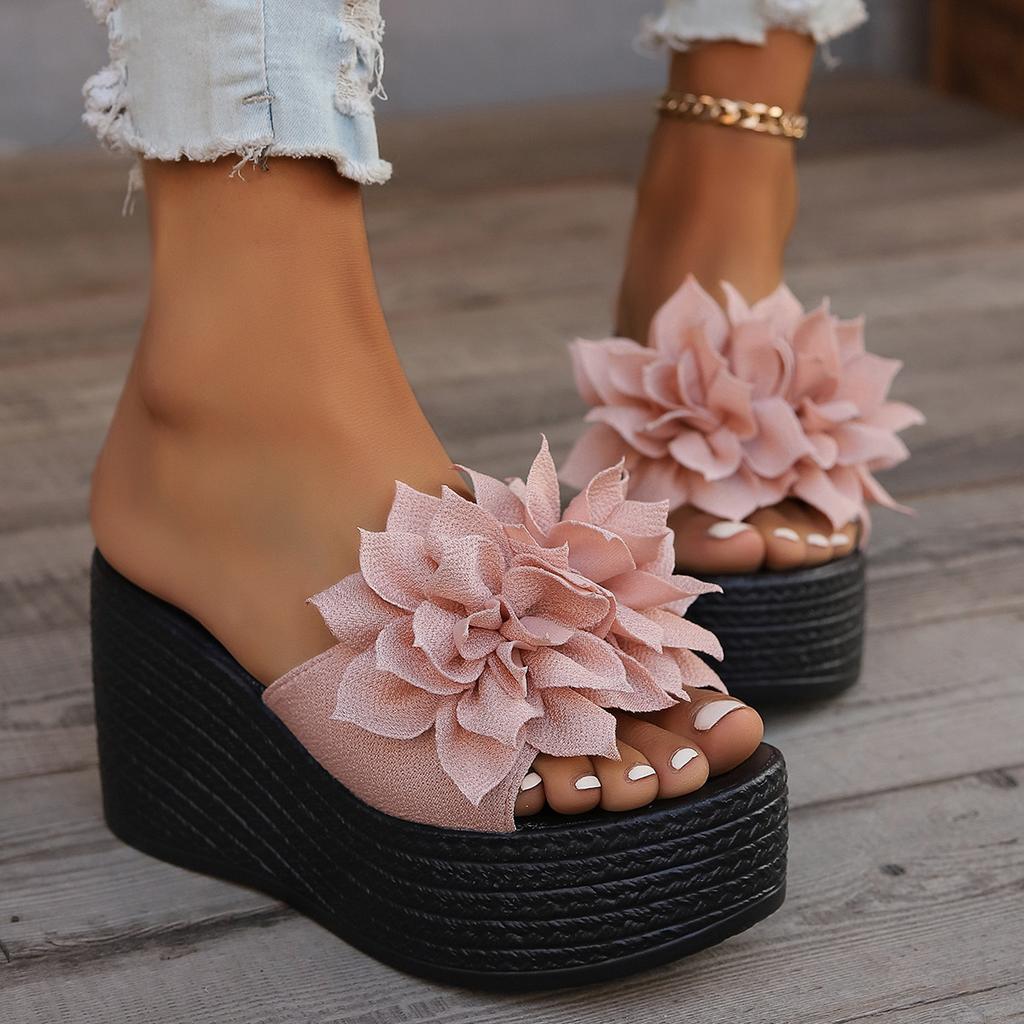 Summer New Flower Muffin Slippers Women's 2025 Large Size One-word Slippers Thick-soled Cool Slippers