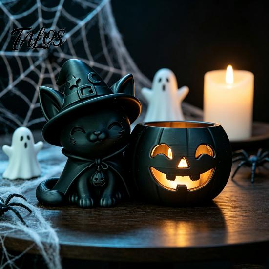 Ghost Face Tealight Cup Halloween Black Cat Pumpkin Candlestick, 3D Printed Witch Candle Holder with Cup, Spooky Tabletop Decor for Party Creative