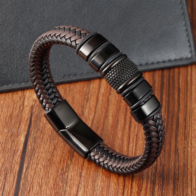 Fashion Handmade Men's Leather Bracelet Trendy Classic Charm Braided Wrap Stainless Steel Bracelets Punk Bangles