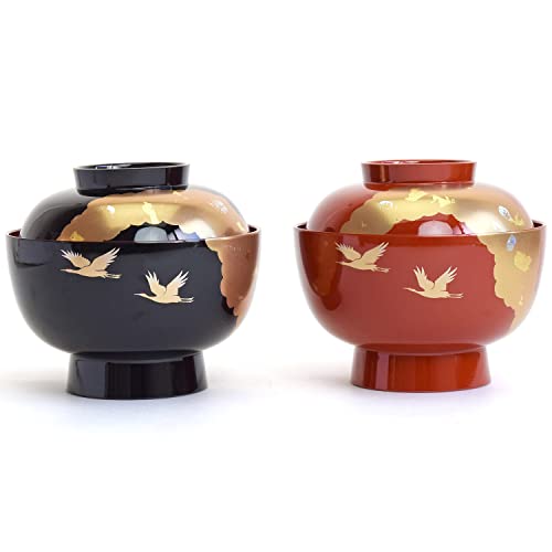 Maeju Lacquerware Zoni Bowl with Lid, Black Interior with Red Crane Design and Gold Mica, Large, 450ml, Traditional Craft, Yamanaka Lacquerware, Made