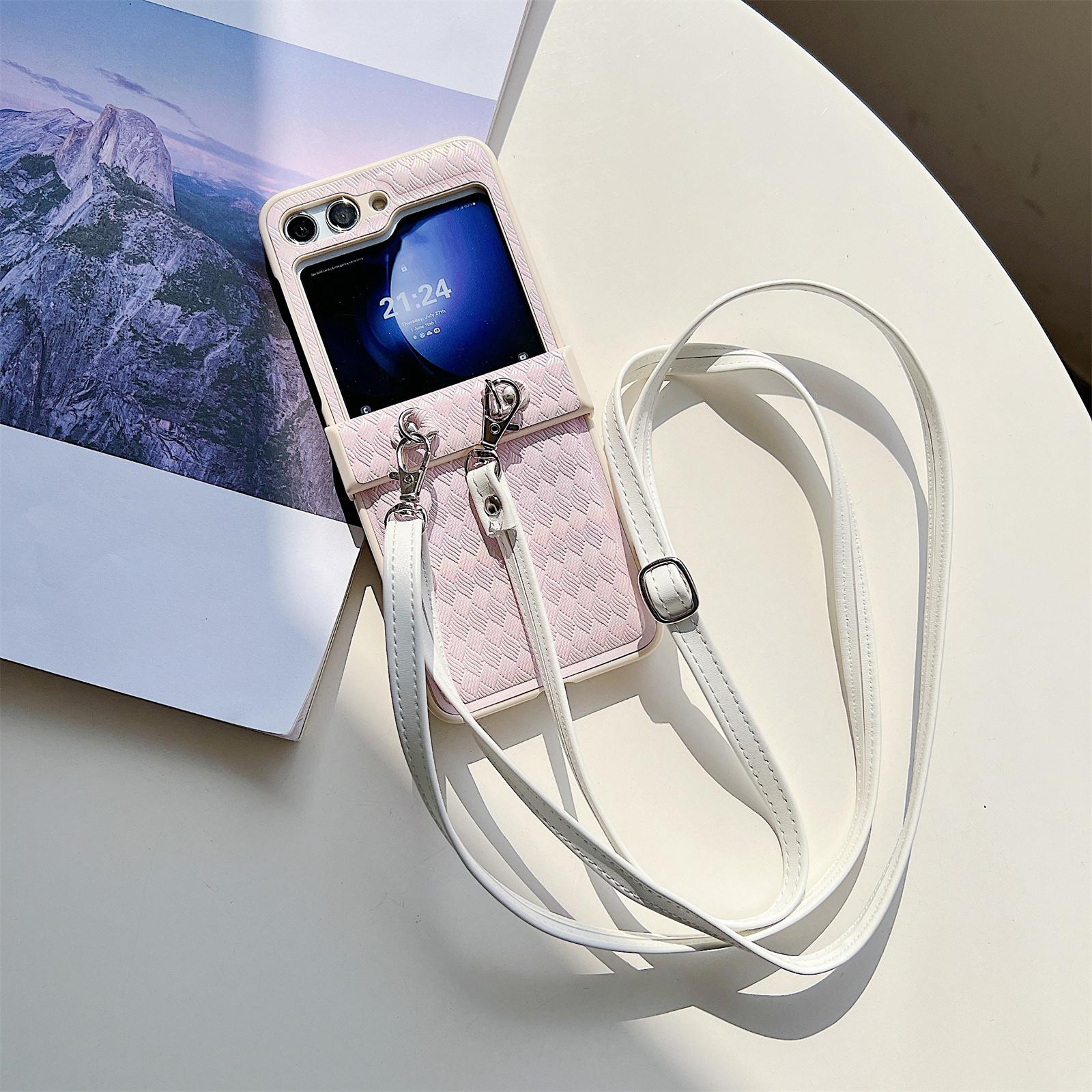 

Для Samsung Galaxy Z Flip5 5G Чехол Лазерный ромбовидный отпечаток PU+PC Чехол для телефона с ремешком через плечо Pink