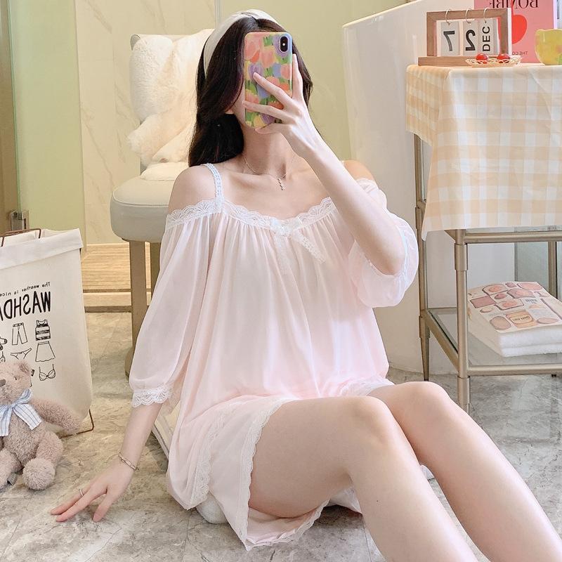 Summer Off-Shoulder Lace Princess Style Pajamas Women'S Suspenders Low-Necked Short-Sleeved Loungewear Sweet And Can Be Worn Outside