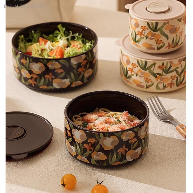 French Fresh-keeping Bowl with Lid Sealed Ceramic Bowl Microwave Oven Heating Bento Box Exquisite Home Noodle Bowl Friend Gift