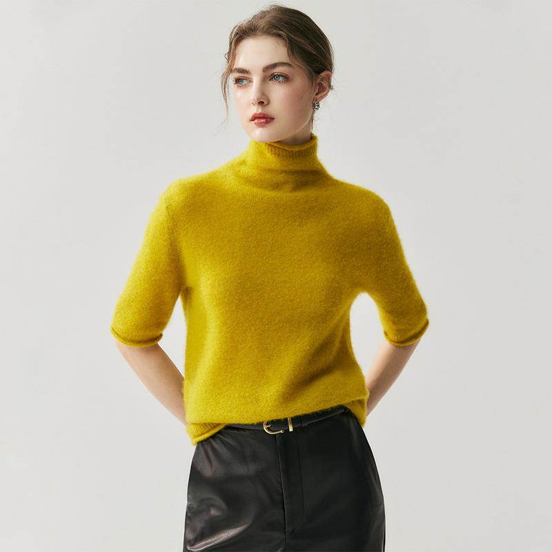 2025 Women's Autumn/Winter Herbalife Cashmere High-Neck Rolled Edge Half-Sleeve Sweater