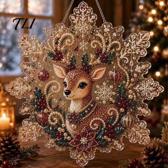 Handmade Christmas Tree Decor Faux Pearl Painting Suncatcher Kit, Acrylic Snowflake Shaped Board with Lace Crystal Beading Craft Set Edge, 3D Gemstone