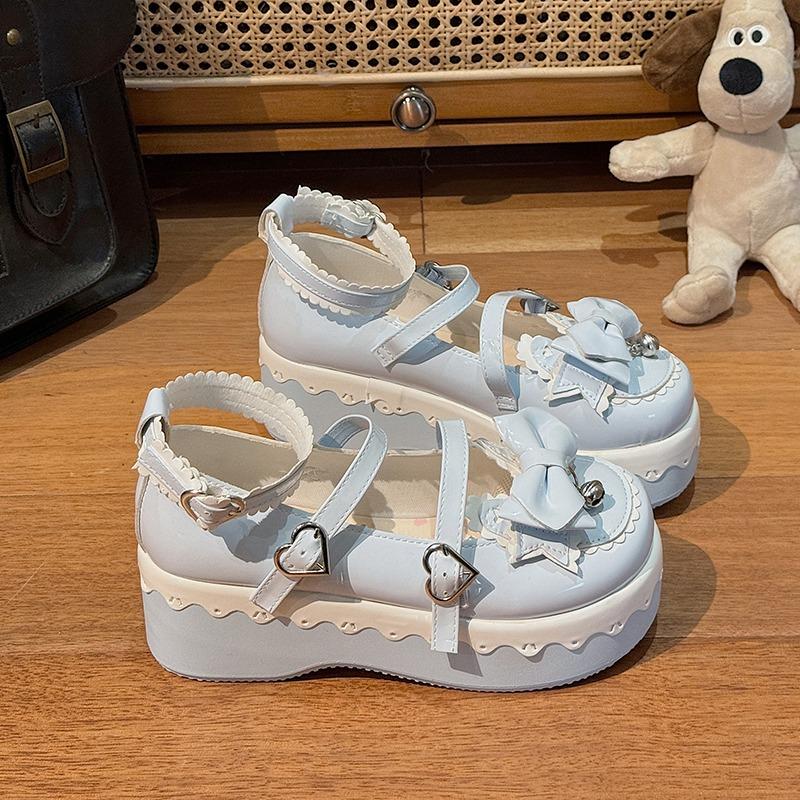 Spring New Wedge Shoes Women Round Head Shallow Bow Line with Waterproof Platform Anti-slip Wear-resistant Mary Single Shoes