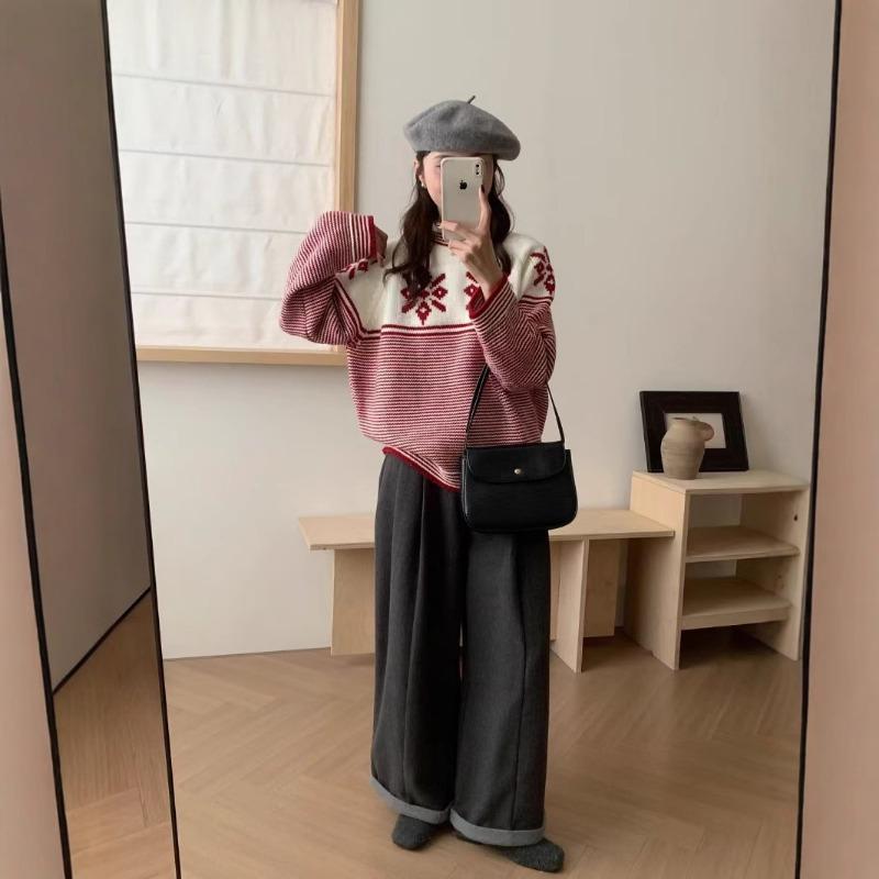 Vintage Fair Island Jacquard Knitted Pullover for Women's Autumn and Winter New Thickened Christmas Striped Loose Knitted Sweater for Women