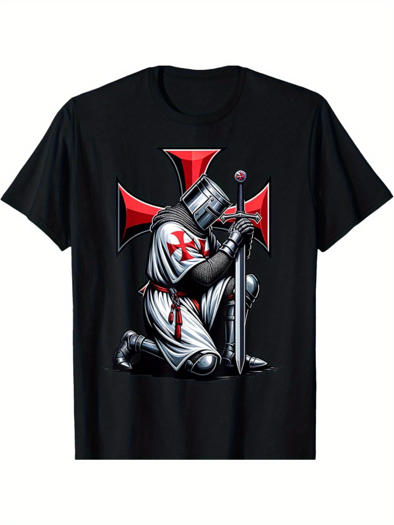 

Knights Templar Crusader Graphic T-shirt - Black Cotton Crew Neck Short Sleeve Tee with Bold Red Cross & Armor Print XXL