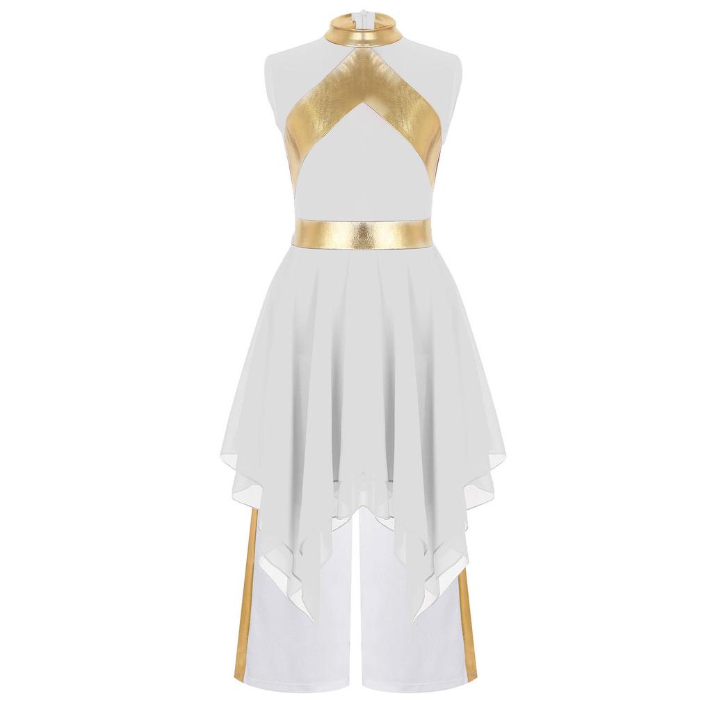 Mädchen Lobpreistanz Outfit Ärmelloses Metallic-Kleid Patchwork-Design Asymmetrischer Saum Weitbein-Hosen Set