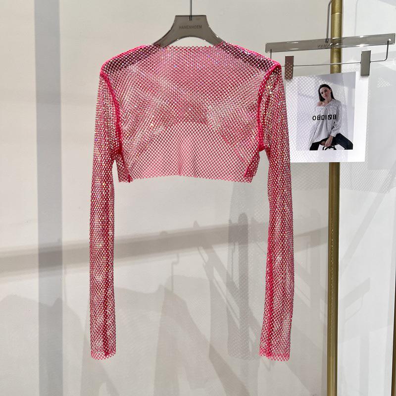 Colorful Rhinestone Cut-out Crop Top - Summer Party Slim-fit Shirt One Size