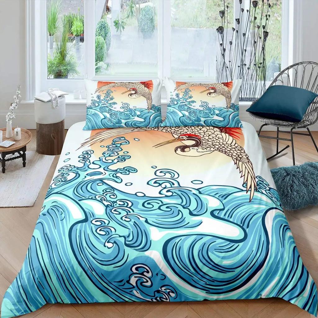 Japanese Wave King Queen Duvet Cover Blue Sea Bedding Set Maple Leaf Moon Quilt Cover Hokusai Ukiyo-E Polyester Comforter Cover