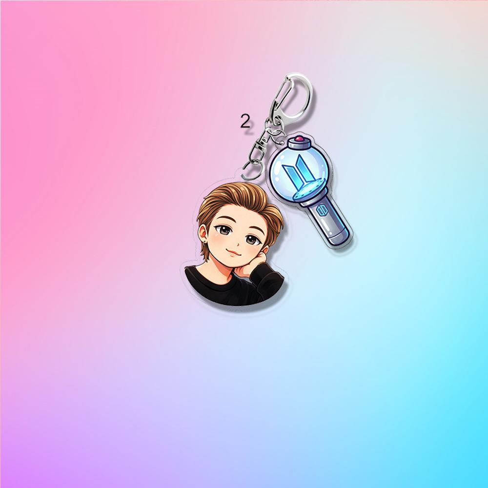 BTS Anime Cartoon & ARMY Bomb Double Acrylic Keychain, Bangtan Boys Cartoon Figure + Lightstick Charm Keyring, Kpop ARMY Fans Bag Pendant