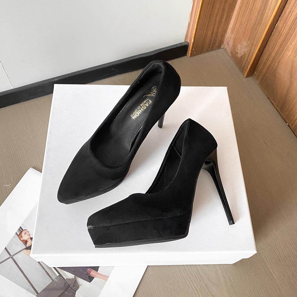 Fashion fairy style suede high heels female shallow mouth spring and autumn 2025 new Korean version thin heel pointed single shoes