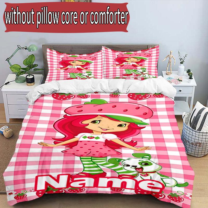 3pcs Duvet Cover Set (1*Duvet Cover + 2*Pillowcase, Without Core), Custom Name Strawberry Shortcake Pattern Bedding Set, Home Bedroom Decor Gift