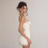 Women Satin Fishbone Corset Mini Dress Lace Trim Spaghetti Strap Bodycon Dress French Style Slim Fit Sexy Sheer Lace Split Short Summer Pure Desire