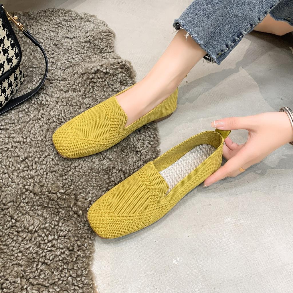 Solid Color Square Toe Mesh Loafers Shallow Women Flats Shoes Soft Bottom Knit Ballet Flats Shoes Casual Slip On Boat Shoes