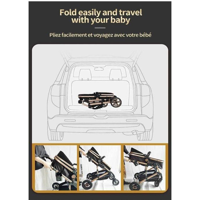 BAZARLAND30.Carrinho de Bebé 3 em 1 Combinado Cadeira Auto Alcofa Trio Reversível Alta Qualidade Rodas Antifuro Guiador.Preto e dourado