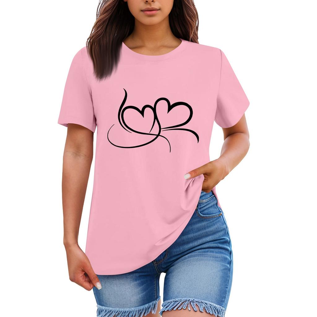 Ladies' Loose Comfortable Casual Fashionable  Heart Pattern Printed Round Neck Short Sleeved Shirt