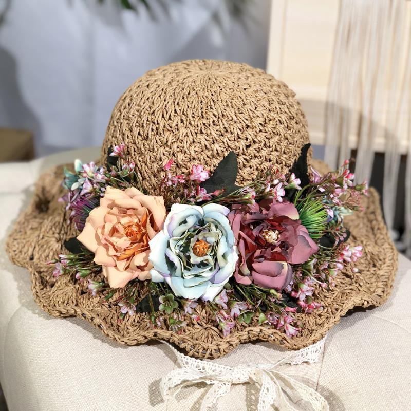 Handwoven Hollow Rose Flower Straw Hat Female Summer Small Fresh Pastoral Lace Strap Big Eaves Beach Hat