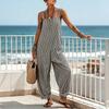 Mono de Raya Ancho Suelto para Mujer, Mono de Pierna Ancha sin Mangas de Cuello Cuadrado con Bolsillos, Atuendo Casual de Una Pieza para Verano