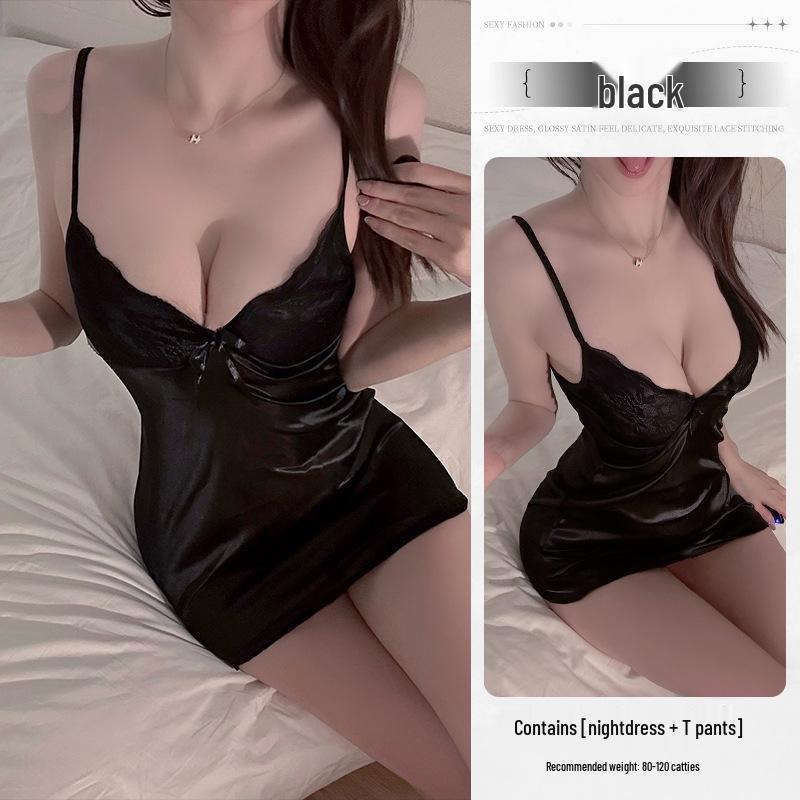 Sleek Lace Desire: Women's Sexy Sling Nightgown & Hugging Pajamas Set