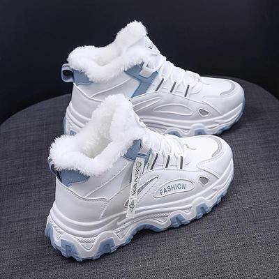 Pida una talla más grande, zapatillas de deporte informales para mujer, zapatillas de deporte gruesas con suela gruesa y bloques de colores, zapatillas para correr antideslizantes con forro de felpa cálido