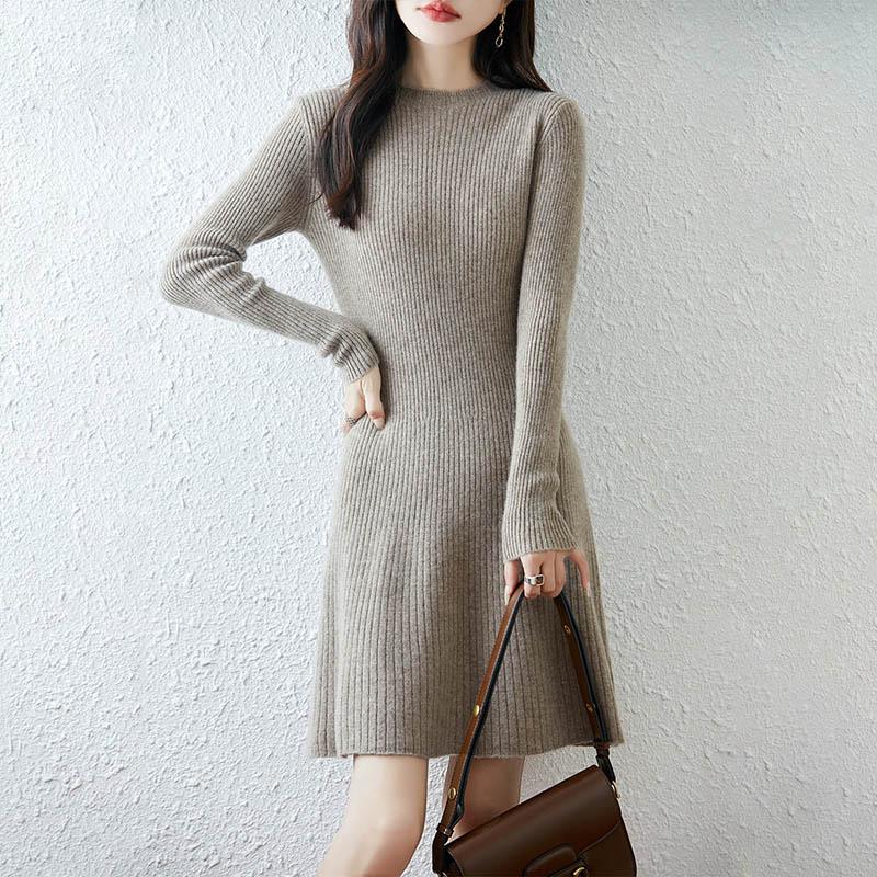 Women Sweater Dress 100% Wool TIDENOVEL O-neck Knit Long Pullover Winter Jumpers Wool Long Dress Female