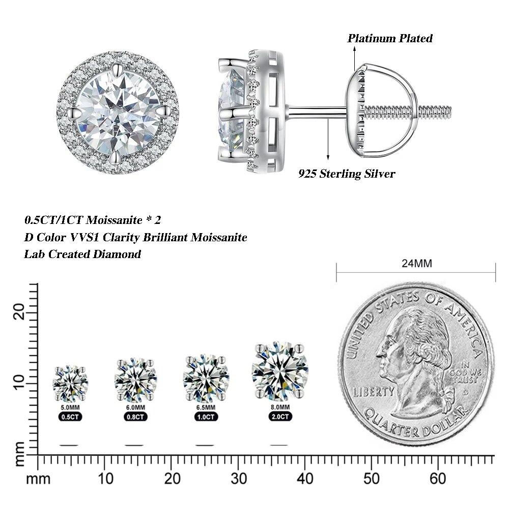 Moissanite 0,5/1CT Halo náušnice 925 mincovní stříbro 4 hroty kulatého střihu pro ženy Zásnubní dárek Jemné šperky