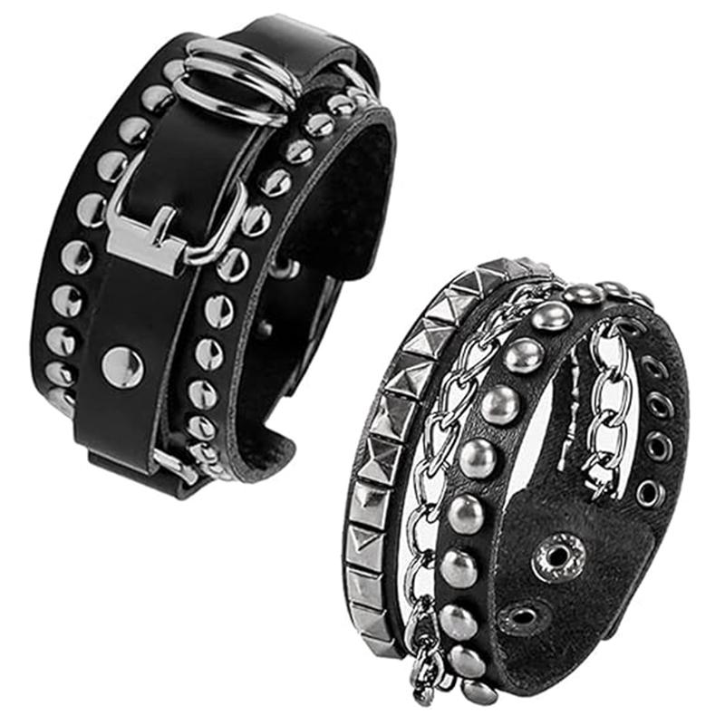 

2 Pcs Punk Leather Cuff Bracelet - Retro Rock Rivet Wristband Wrap - Adjustable Spike Bracelet For Men Women