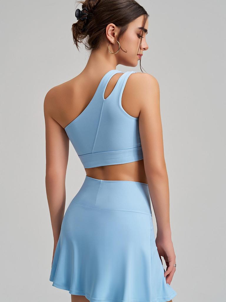 New Style Nude Feel One-Shoulder Yoga Set with High-Waisted Breathable Skirt for Tennis & Running