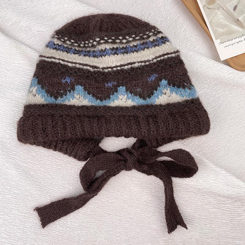 

Vintage Fair Isle Knit Balaclava Hat for Women, Autumn and Winter Warm Ear Protection, Face Slimming Woolen Hat 56-59CM