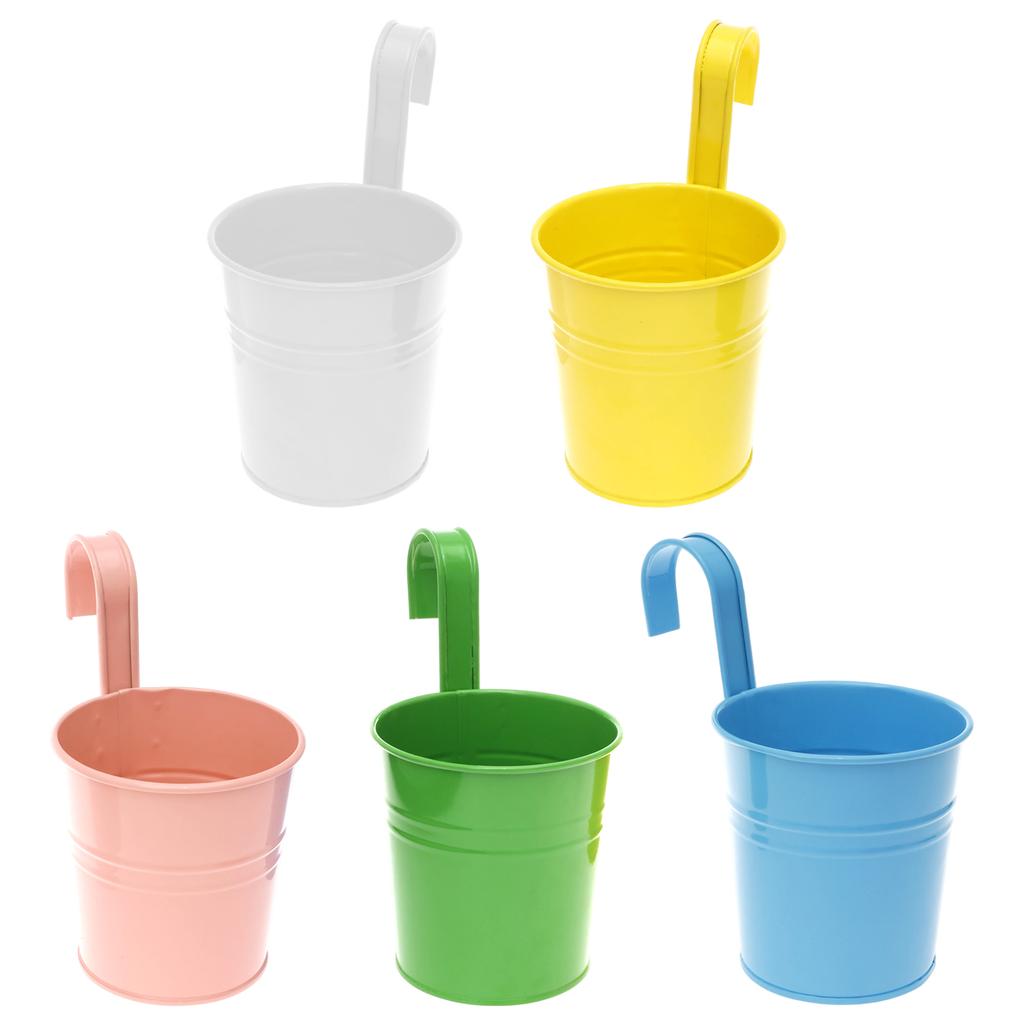 5Pcs Hanging Flower Pots Metal Iron Colour Hanging Fence Bucket Detachable Hook with Drainage Hole Outdoor Garden Balcony Decor