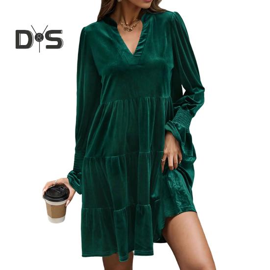 

Весна Осень Женское Платье Золотого Бархата V-образный вырез Плиссированные Лоскутные Длинные Рукава А-силуэта Однотонный Цвет Длина До Колена Знакомства Шопинг Платье Миди S темно-зеленого